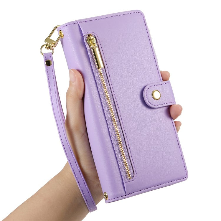 DF-011 For Samsung Galaxy S25 Case Zipper Pocket Wallet Leather Phone Cover with Straps - Purple