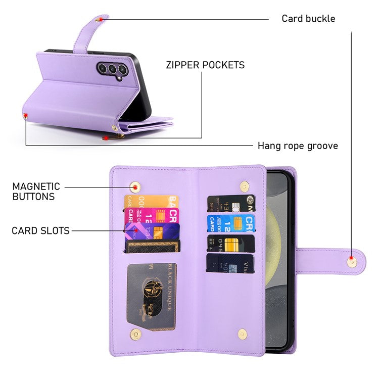 DF-011 For Samsung Galaxy S25 Case Zipper Pocket Wallet Leather Phone Cover with Straps - Purple