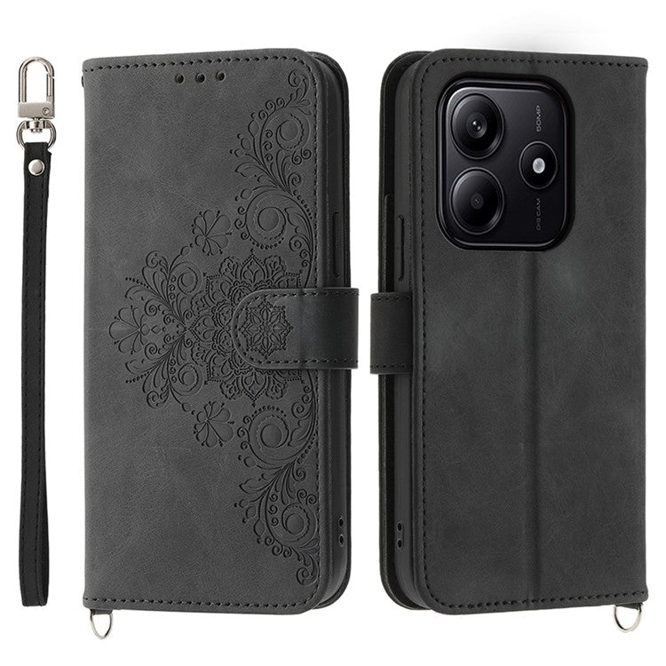 For Xiaomi Redmi Note 14 5G / 14 4G Case Flower Pattern PU Leather Wallet Phone Cover with Strap - Black