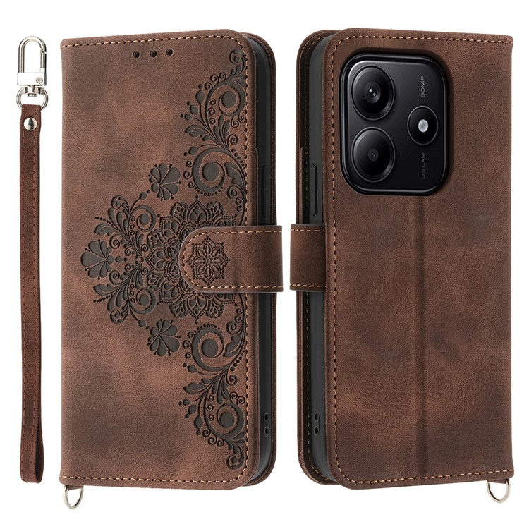 For Xiaomi Redmi Note 14 5G / 14 4G Case Flower Pattern PU Leather Wallet Phone Cover with Strap - Brown