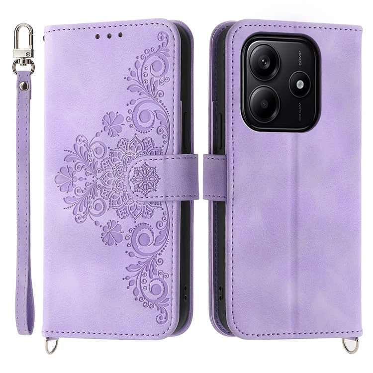 For Xiaomi Redmi Note 14 5G / 14 4G Case Flower Pattern PU Leather Wallet Phone Cover with Strap - Light Purple