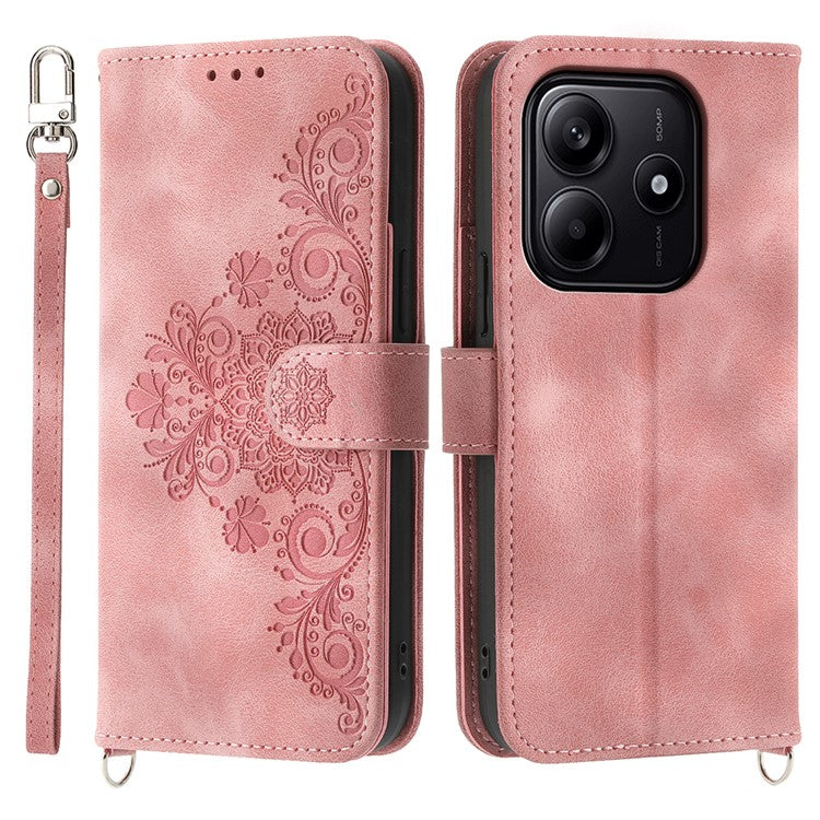 For Xiaomi Redmi Note 14 5G / 14 4G Case Flower Pattern PU Leather Wallet Phone Cover with Strap - Pink