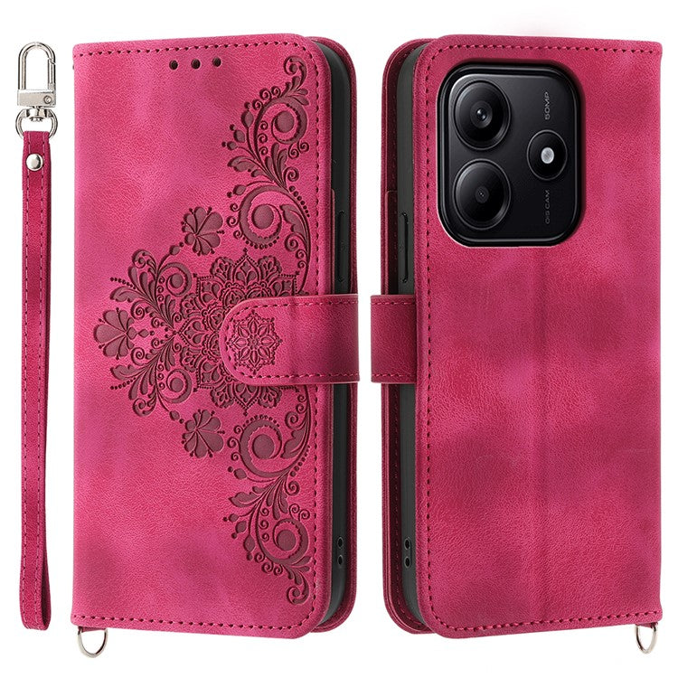 For Xiaomi Redmi Note 14 5G / 14 4G Case Flower Pattern PU Leather Wallet Phone Cover with Strap - Wine Red