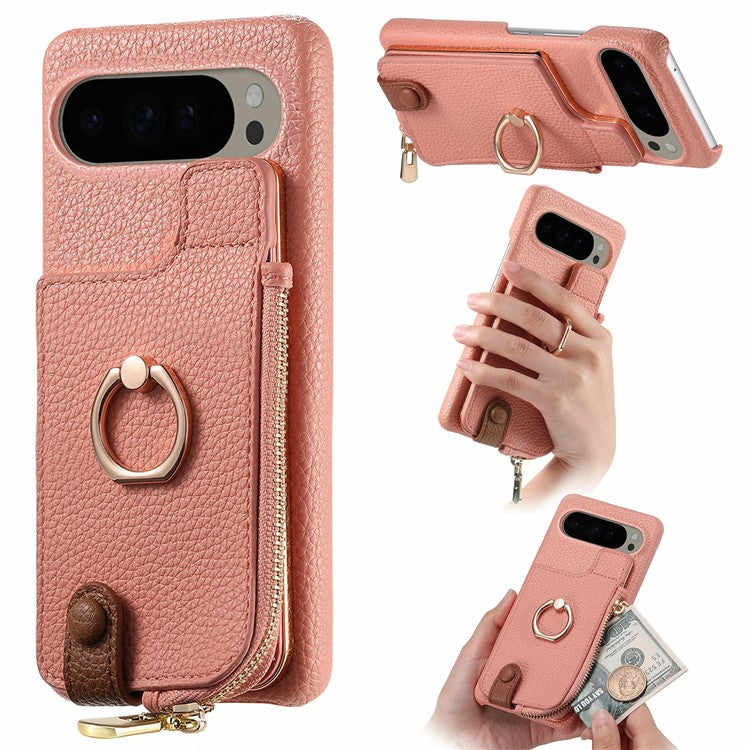 For Google Pixel 9 Pro XL Case Card Holder Kickstand Leather+TPU Phone Cover with Zipper Pocket - Pink