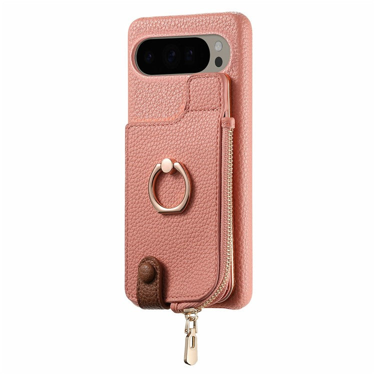 For Google Pixel 9 Pro XL Case Card Holder Kickstand Leather+TPU Phone Cover with Zipper Pocket - Pink