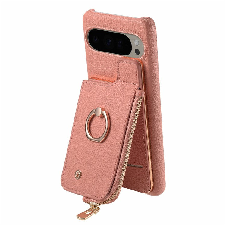 For Google Pixel 9 Pro XL Case Card Holder Kickstand Leather+TPU Phone Cover with Zipper Pocket - Pink