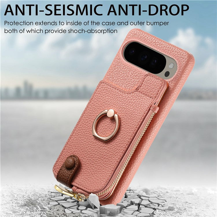 For Google Pixel 9 Pro XL Case Card Holder Kickstand Leather+TPU Phone Cover with Zipper Pocket - Pink