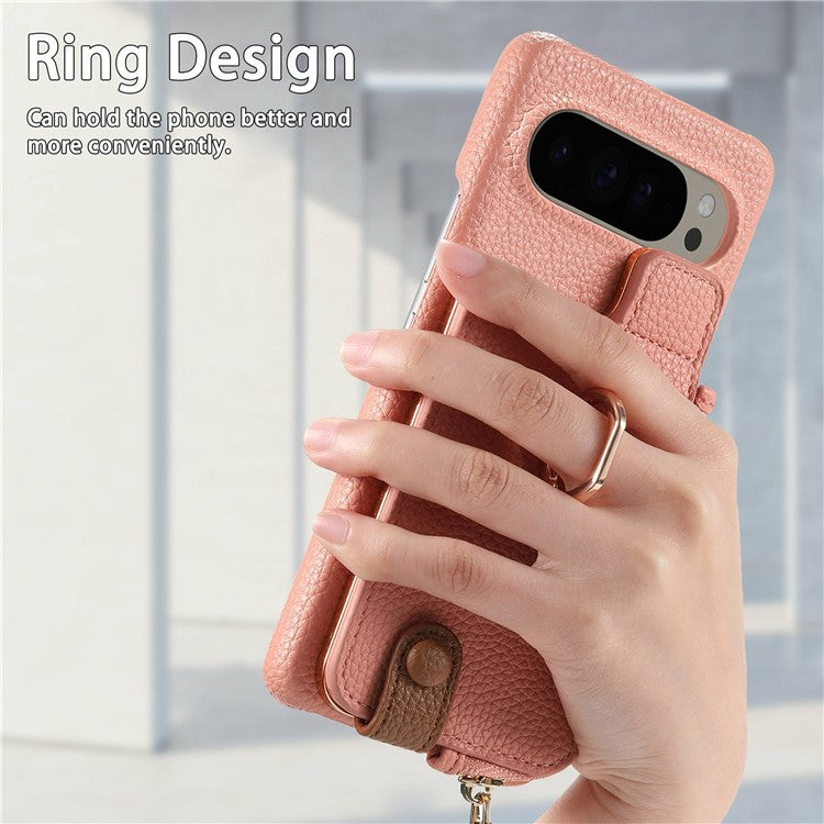 For Google Pixel 9 Pro XL Case Card Holder Kickstand Leather+TPU Phone Cover with Zipper Pocket - Pink