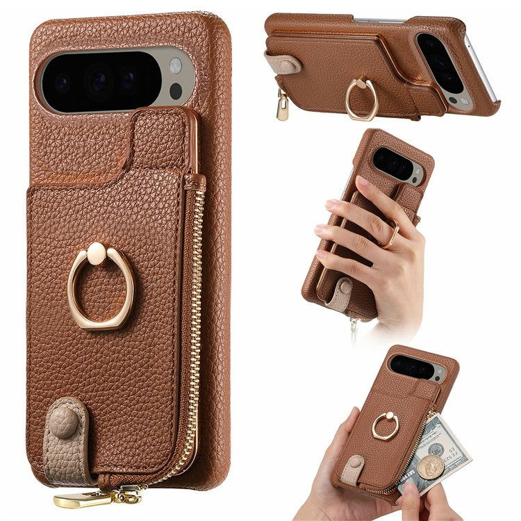 For Google Pixel 9 Pro XL Case Card Holder Kickstand Leather+TPU Phone Cover with Zipper Pocket - Brown