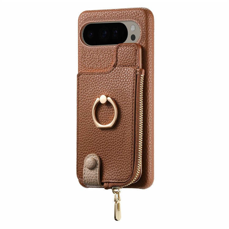 For Google Pixel 9 Pro XL Case Card Holder Kickstand Leather+TPU Phone Cover with Zipper Pocket - Brown