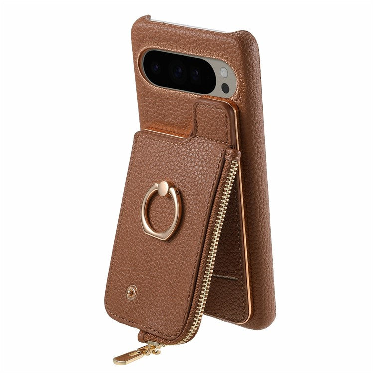 For Google Pixel 9 Pro XL Case Card Holder Kickstand Leather+TPU Phone Cover with Zipper Pocket - Brown