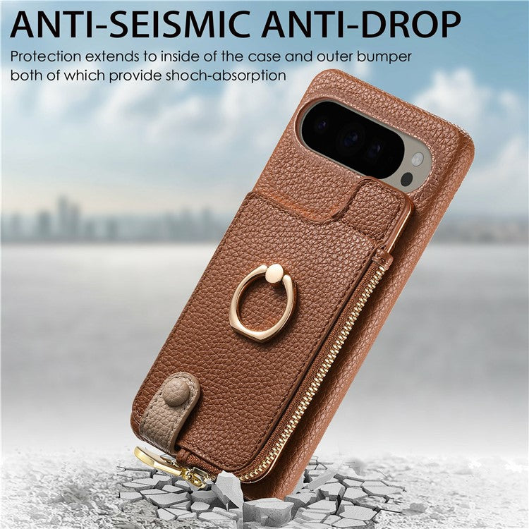 For Google Pixel 9 Pro XL Case Card Holder Kickstand Leather+TPU Phone Cover with Zipper Pocket - Brown