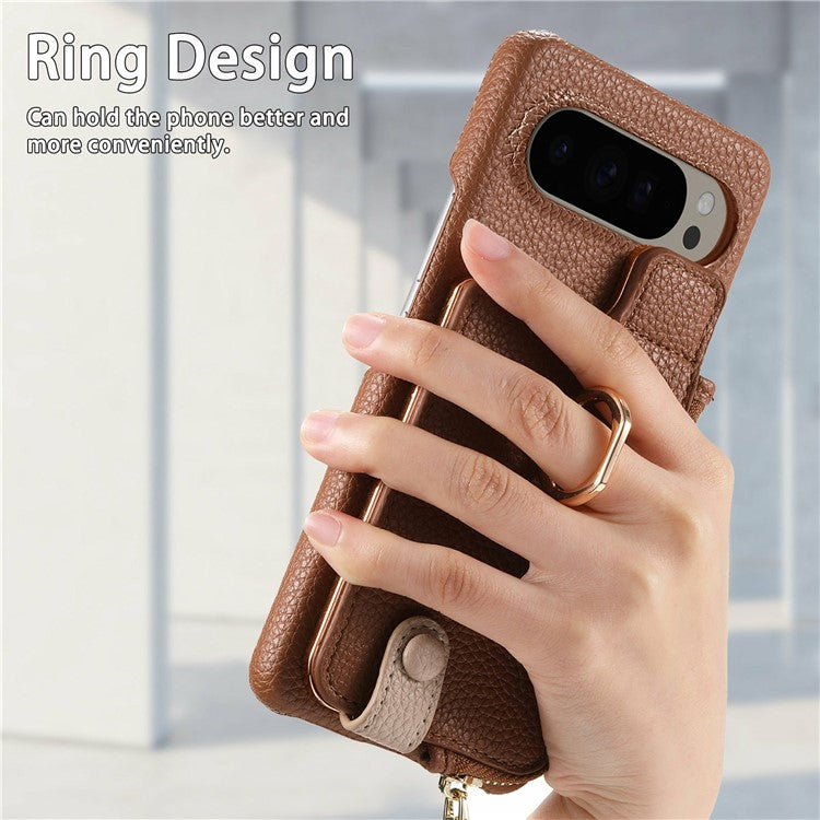 For Google Pixel 9 Pro XL Case Card Holder Kickstand Leather+TPU Phone Cover with Zipper Pocket - Brown