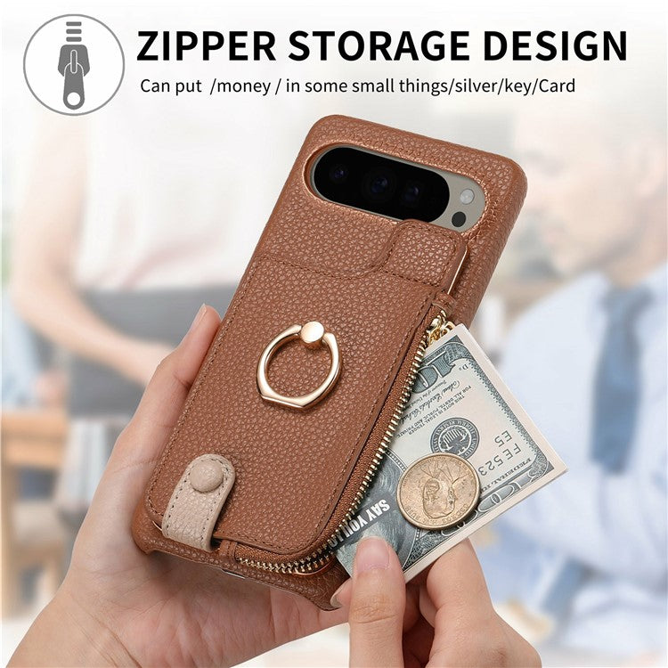 For Google Pixel 9 Pro XL Case Card Holder Kickstand Leather+TPU Phone Cover with Zipper Pocket - Brown