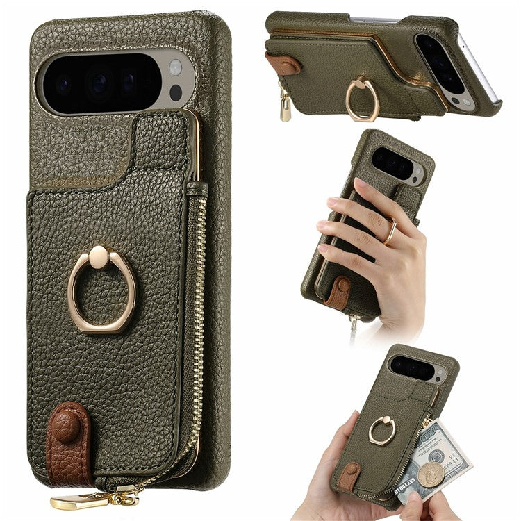 For Google Pixel 9 Pro XL Case Card Holder Kickstand Leather+TPU Phone Cover with Zipper Pocket - Army Green