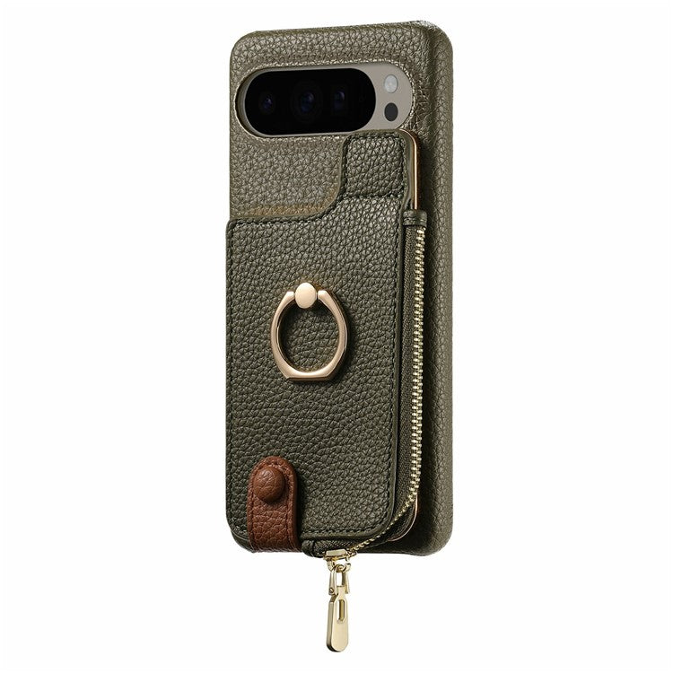 For Google Pixel 9 Pro XL Case Card Holder Kickstand Leather+TPU Phone Cover with Zipper Pocket - Army Green