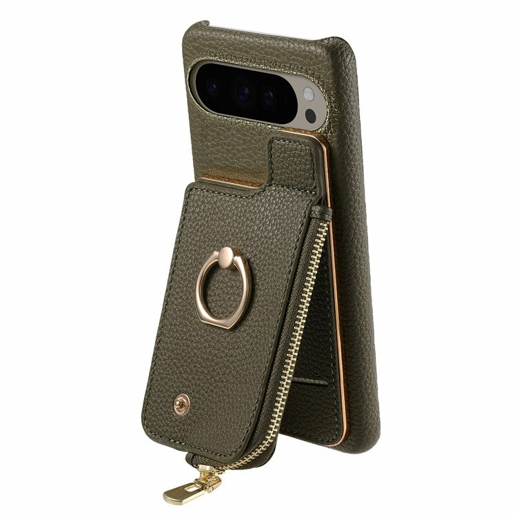 For Google Pixel 9 Pro XL Case Card Holder Kickstand Leather+TPU Phone Cover with Zipper Pocket - Army Green