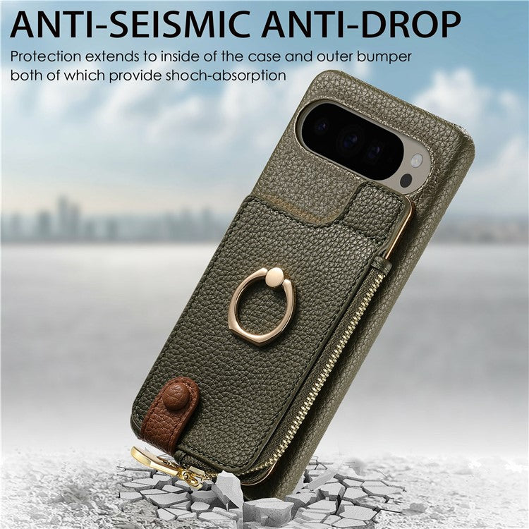 For Google Pixel 9 Pro XL Case Card Holder Kickstand Leather+TPU Phone Cover with Zipper Pocket - Army Green