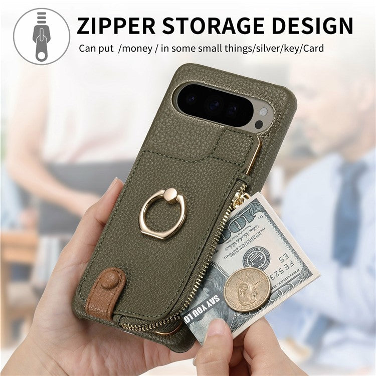 For Google Pixel 9 Pro XL Case Card Holder Kickstand Leather+TPU Phone Cover with Zipper Pocket - Army Green