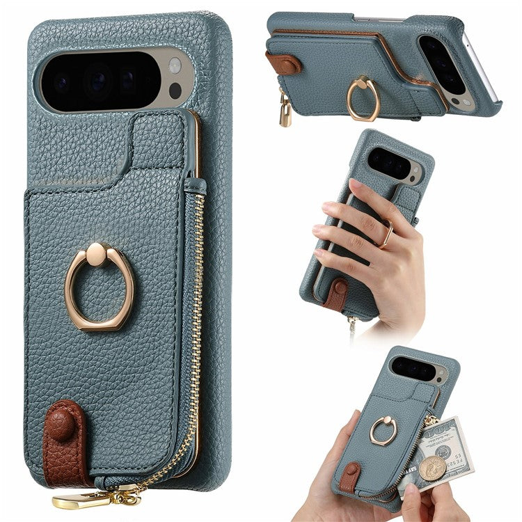 For Google Pixel 9 Pro XL Case Card Holder Kickstand Leather+TPU Phone Cover with Zipper Pocket - Blue