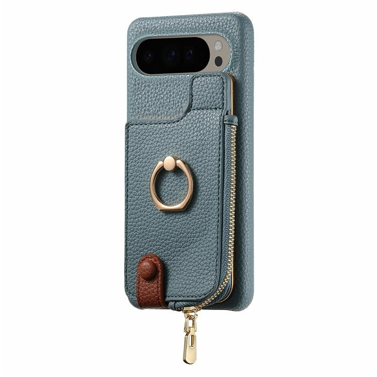 For Google Pixel 9 Pro XL Case Card Holder Kickstand Leather+TPU Phone Cover with Zipper Pocket - Blue