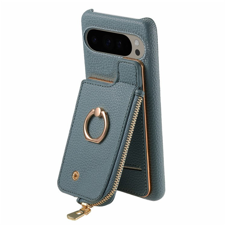 For Google Pixel 9 Pro XL Case Card Holder Kickstand Leather+TPU Phone Cover with Zipper Pocket - Blue