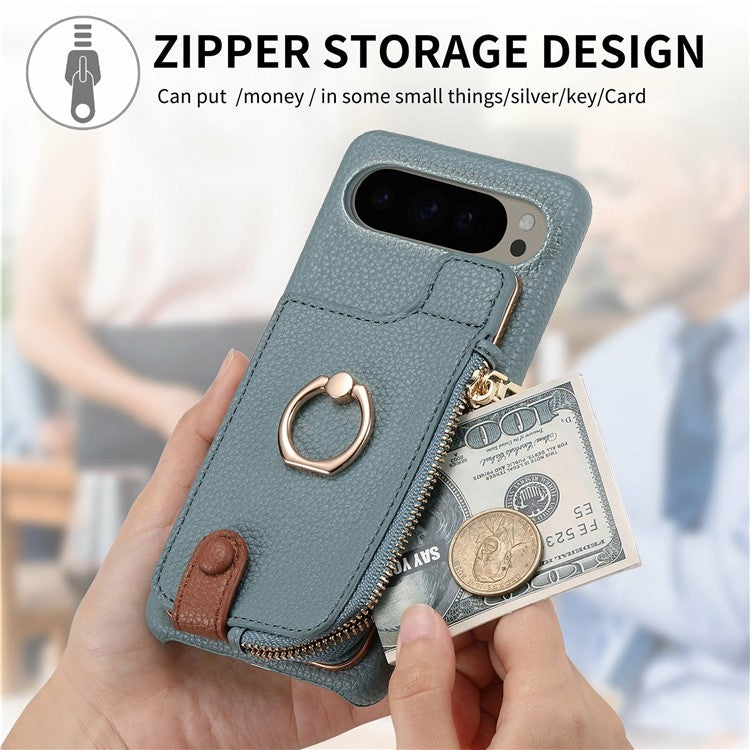 For Google Pixel 9 Pro XL Case Card Holder Kickstand Leather+TPU Phone Cover with Zipper Pocket - Blue