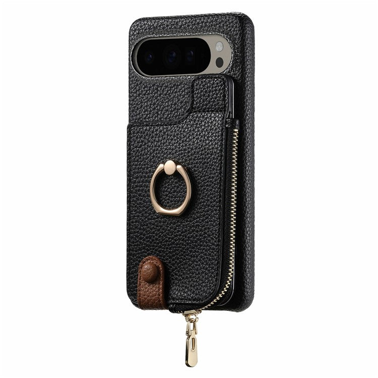 For Google Pixel 9 Pro XL Case Card Holder Kickstand Leather+TPU Phone Cover with Zipper Pocket - Black