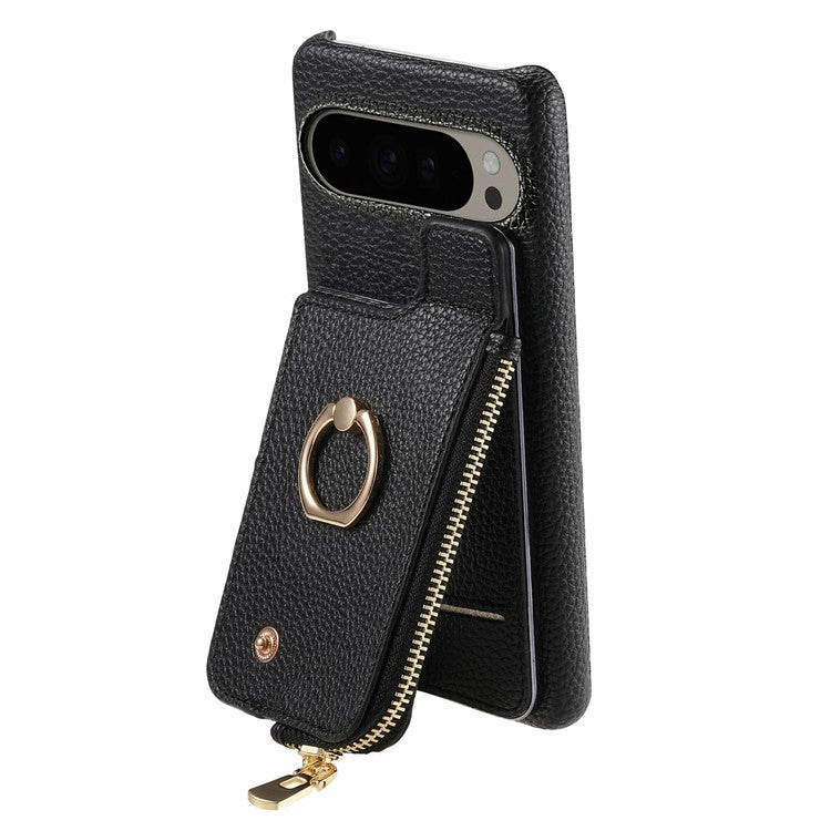 For Google Pixel 9 Pro XL Case Card Holder Kickstand Leather+TPU Phone Cover with Zipper Pocket - Black