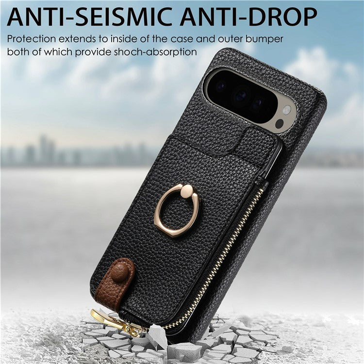 For Google Pixel 9 Pro XL Case Card Holder Kickstand Leather+TPU Phone Cover with Zipper Pocket - Black