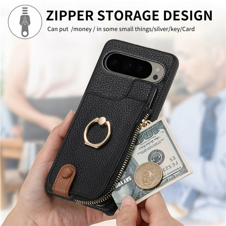 For Google Pixel 9 Pro XL Case Card Holder Kickstand Leather+TPU Phone Cover with Zipper Pocket - Black