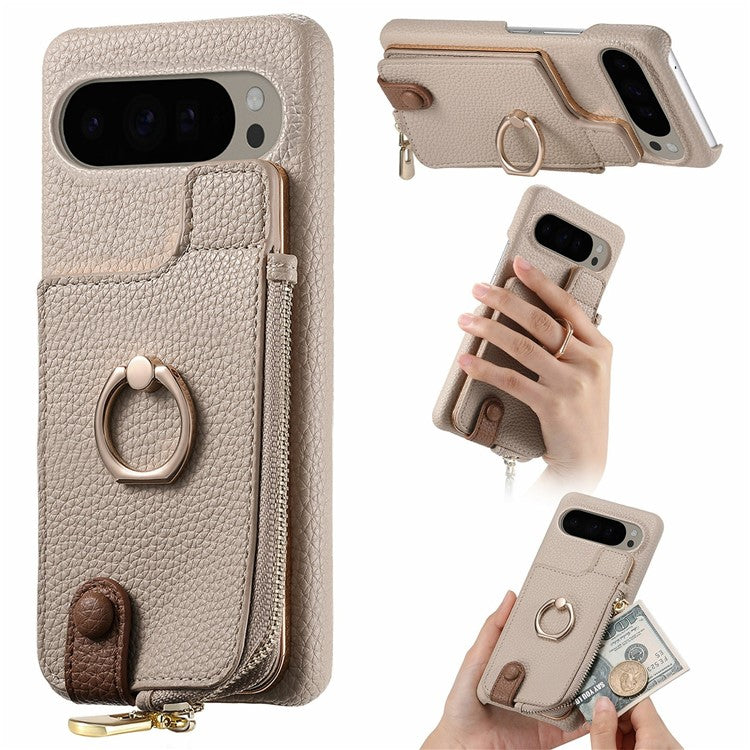 For Google Pixel 9 Pro XL Case Card Holder Kickstand Leather+TPU Phone Cover with Zipper Pocket - Khaki