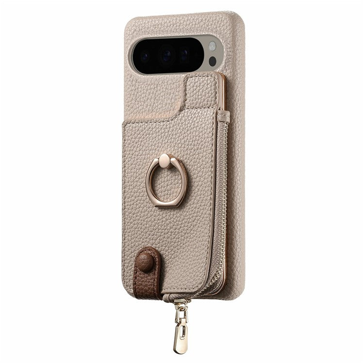 For Google Pixel 9 Pro XL Case Card Holder Kickstand Leather+TPU Phone Cover with Zipper Pocket - Khaki