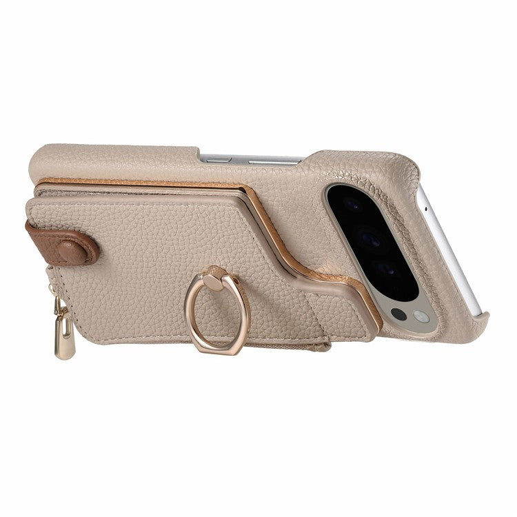 For Google Pixel 9 Pro XL Case Card Holder Kickstand Leather+TPU Phone Cover with Zipper Pocket - Khaki