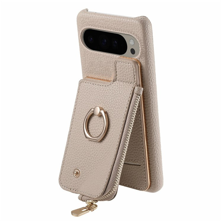 For Google Pixel 9 Pro XL Case Card Holder Kickstand Leather+TPU Phone Cover with Zipper Pocket - Khaki