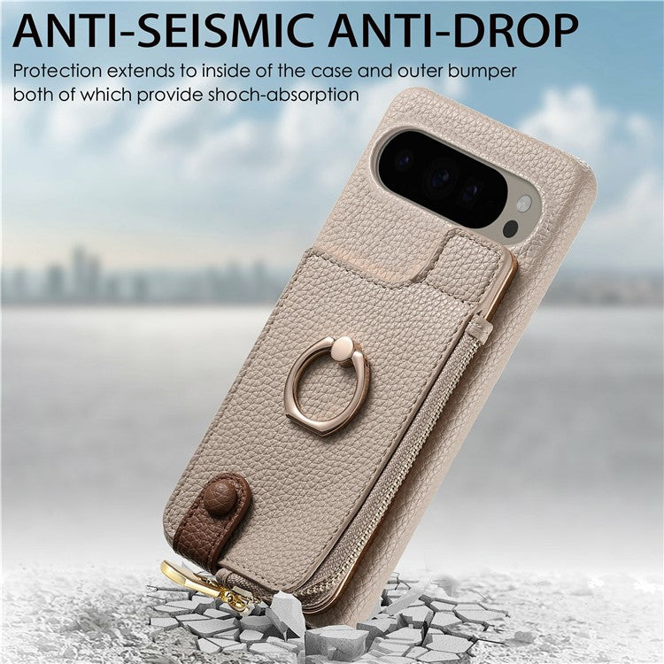 For Google Pixel 9 Pro XL Case Card Holder Kickstand Leather+TPU Phone Cover with Zipper Pocket - Khaki