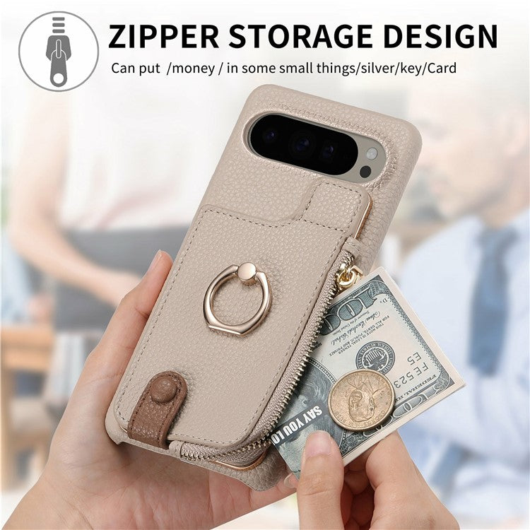 For Google Pixel 9 Pro XL Case Card Holder Kickstand Leather+TPU Phone Cover with Zipper Pocket - Khaki