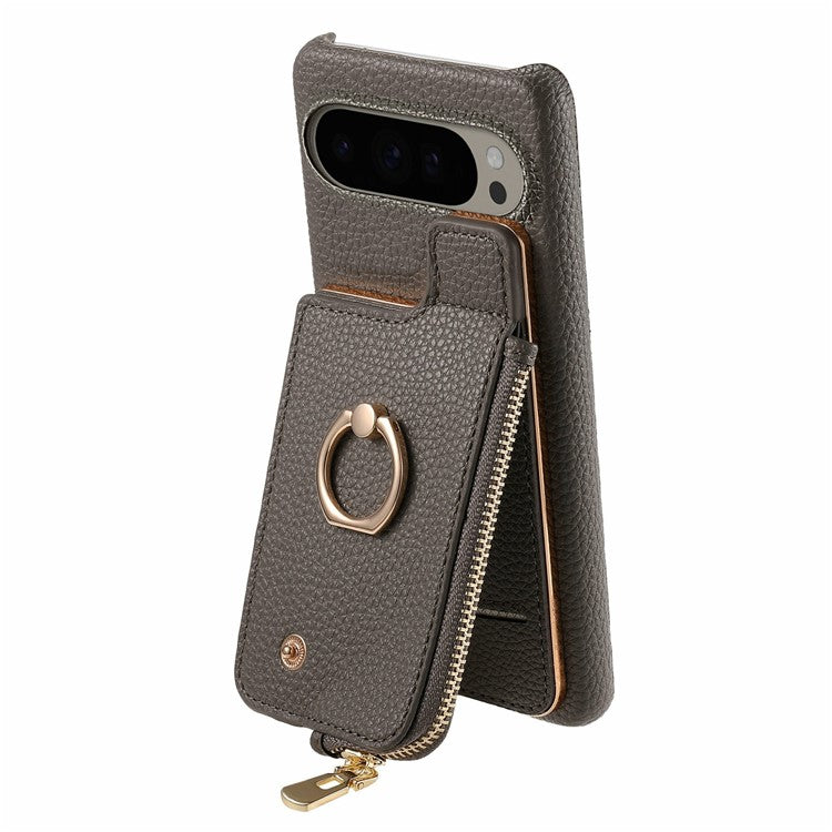 For Google Pixel 9 Pro XL Case Card Holder Kickstand Leather+TPU Phone Cover with Zipper Pocket - Grey