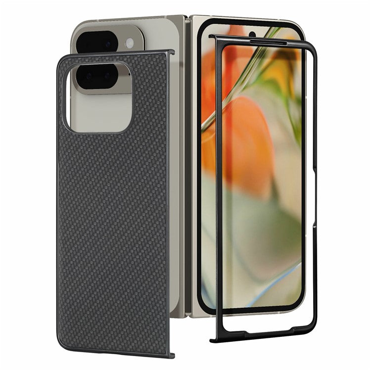 For Google Pixel 9 Pro Fold 5G Case Carbon Fiber Texture PU Leather Coated PC Folding Phone Cover - Black