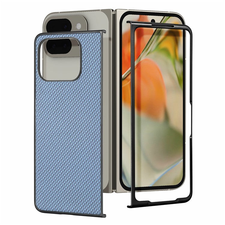 For Google Pixel 9 Pro Fold 5G Case Carbon Fiber Texture PU Leather Coated PC Folding Phone Cover - Blue