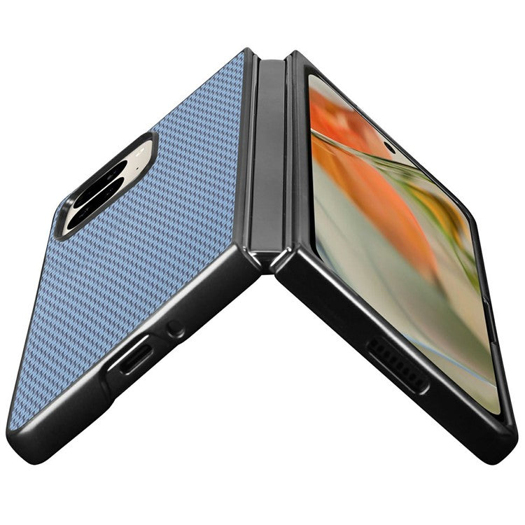 For Google Pixel 9 Pro Fold 5G Case Carbon Fiber Texture PU Leather Coated PC Folding Phone Cover - Blue