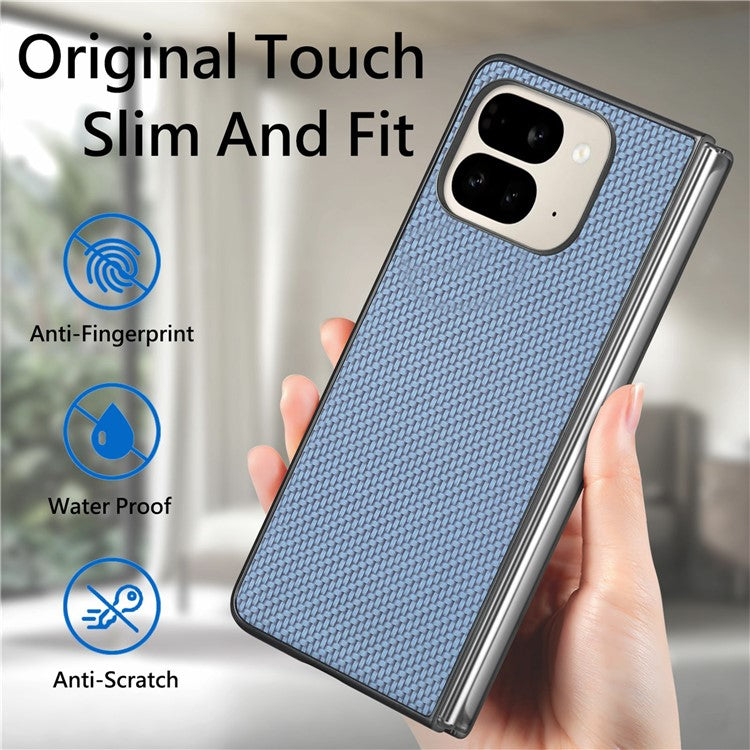 For Google Pixel 9 Pro Fold 5G Case Carbon Fiber Texture PU Leather Coated PC Folding Phone Cover - Blue