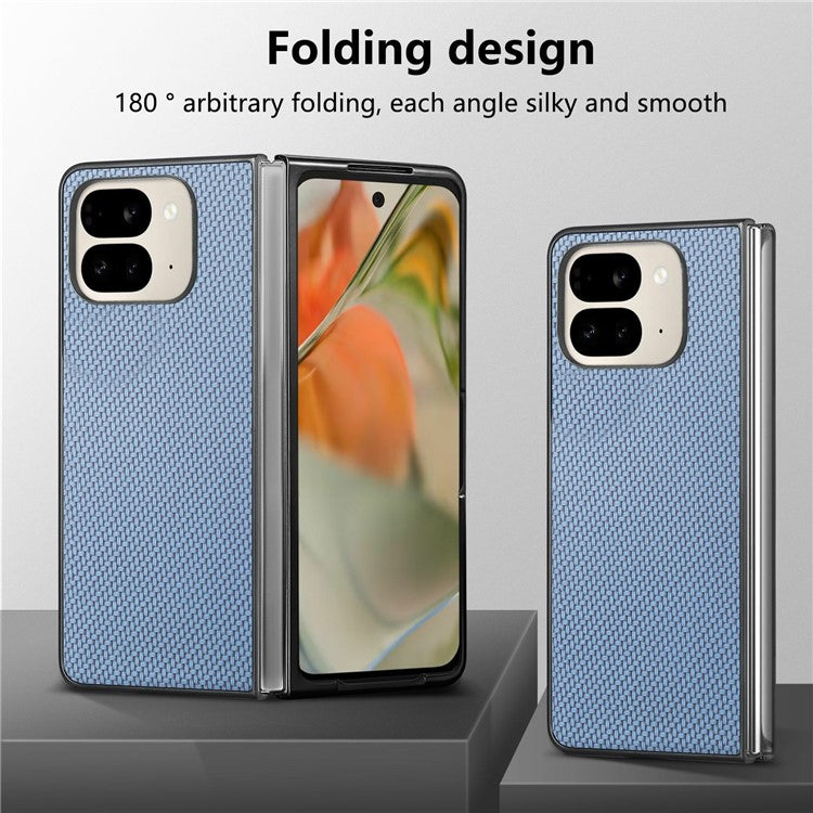 For Google Pixel 9 Pro Fold 5G Case Carbon Fiber Texture PU Leather Coated PC Folding Phone Cover - Blue