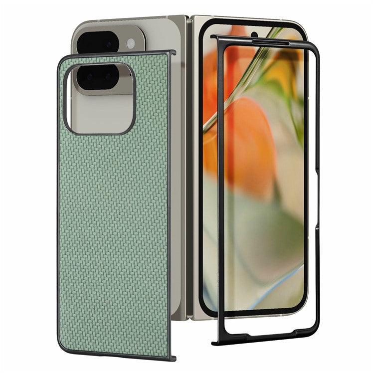 For Google Pixel 9 Pro Fold 5G Case Carbon Fiber Texture PU Leather Coated PC Folding Phone Cover - Green