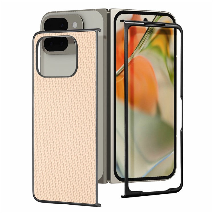 For Google Pixel 9 Pro Fold 5G Case Carbon Fiber Texture PU Leather Coated PC Folding Phone Cover - Khaki