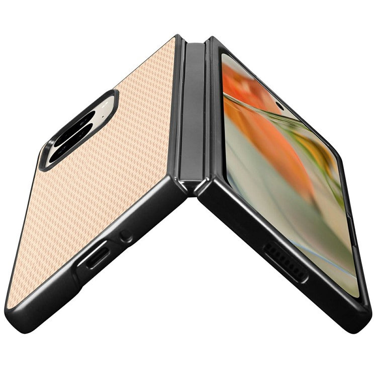 For Google Pixel 9 Pro Fold 5G Case Carbon Fiber Texture PU Leather Coated PC Folding Phone Cover - Khaki