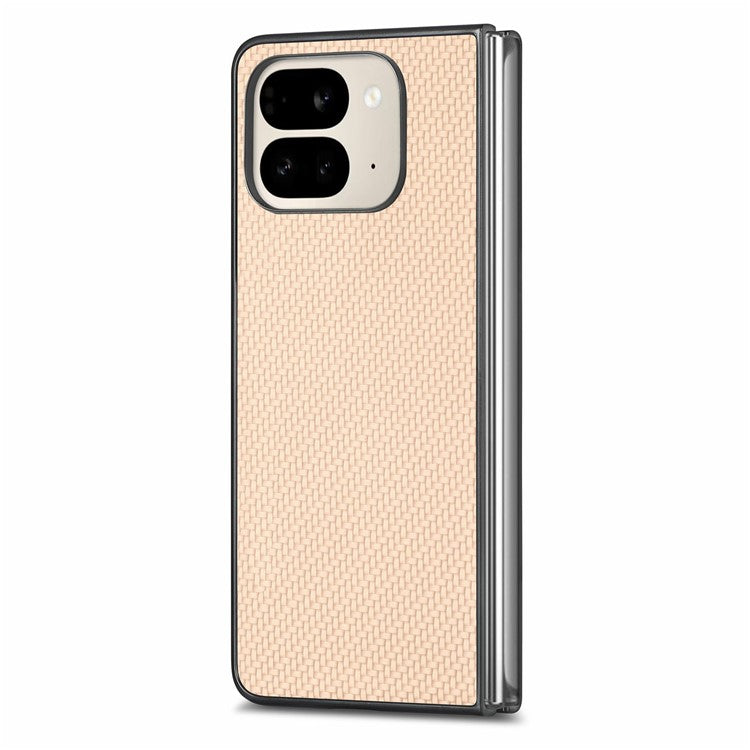 For Google Pixel 9 Pro Fold 5G Case Carbon Fiber Texture PU Leather Coated PC Folding Phone Cover - Khaki