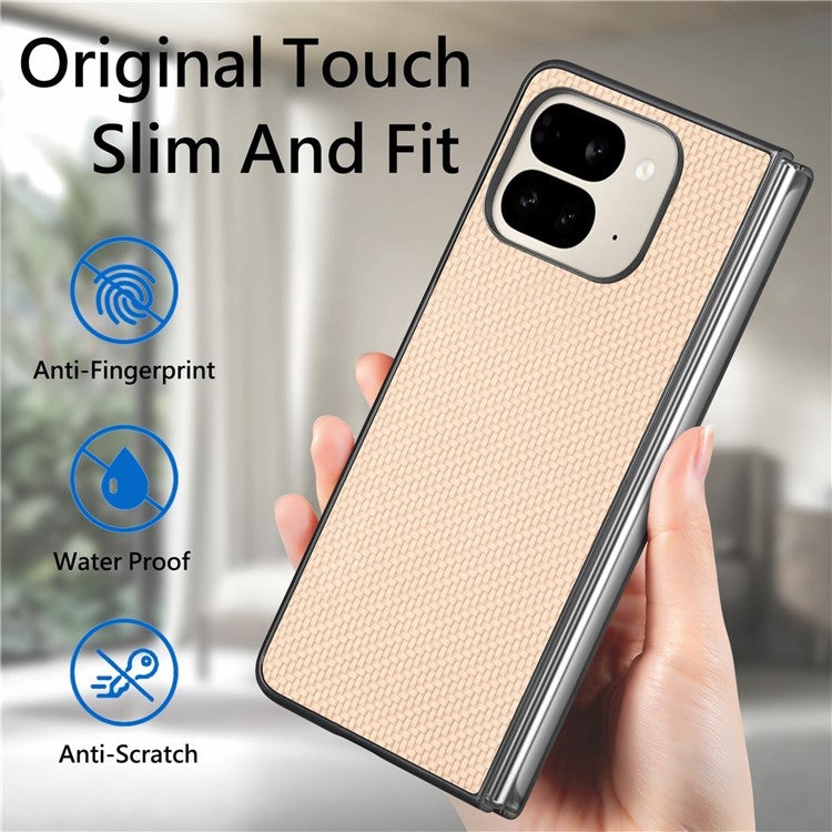 For Google Pixel 9 Pro Fold 5G Case Carbon Fiber Texture PU Leather Coated PC Folding Phone Cover - Khaki