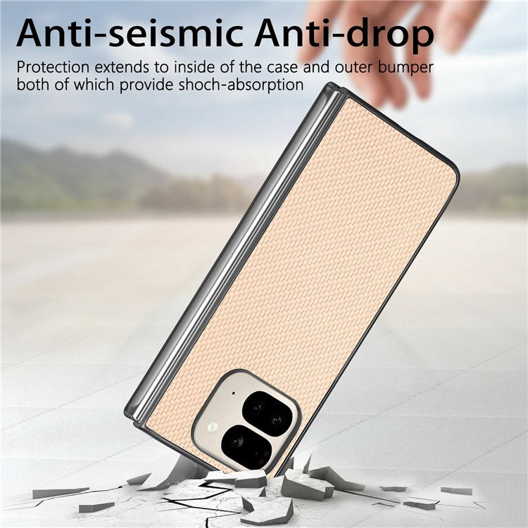 For Google Pixel 9 Pro Fold 5G Case Carbon Fiber Texture PU Leather Coated PC Folding Phone Cover - Khaki