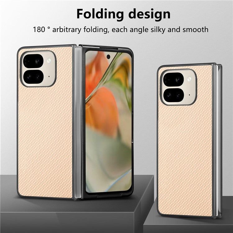 For Google Pixel 9 Pro Fold 5G Case Carbon Fiber Texture PU Leather Coated PC Folding Phone Cover - Khaki